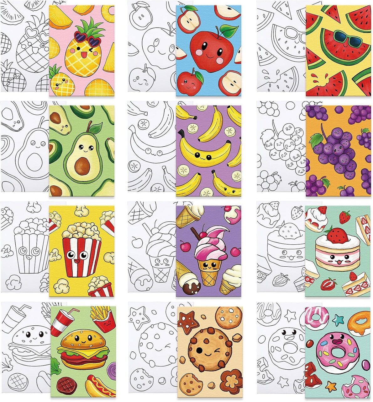 Pre Drawn Canvas to Paint for Kids - 12 Packs Fruit Food Theme Pre-Stretched Canvas Panels (5x7 inch),Pre Printed Painting Canvas Kit for Beginners, Party Favor